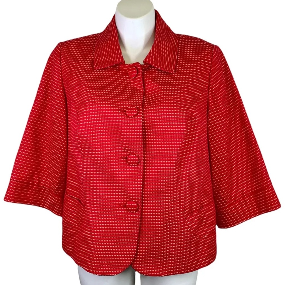 Lane Bryant Red Blazer Jacket Tan Polka Dot Cotton Ruffled 3/4 Sleeves Sz 14